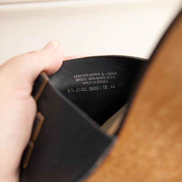 Tory Burch Wedge Black Leather Wood Platform Sandals LOGO Size 9 Slip On Heels - Picture 7 of 7